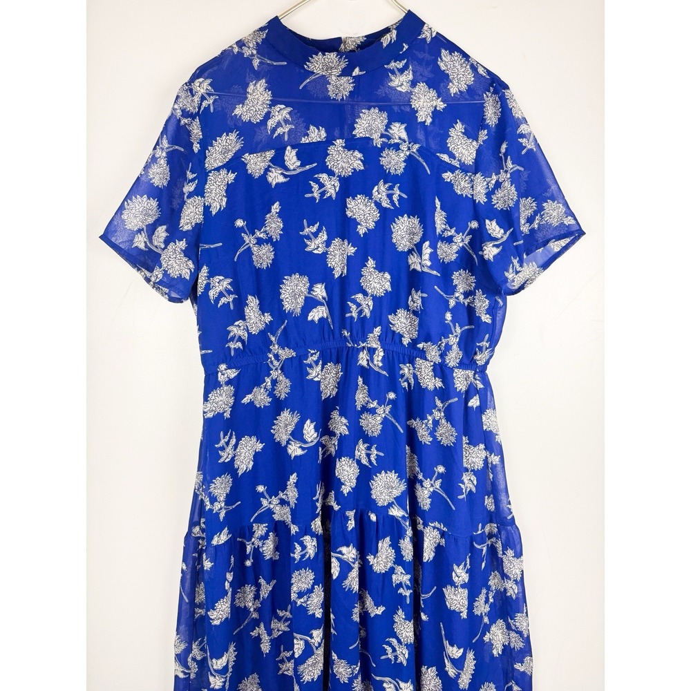 Lulus Royal Blue Floral Mock Neck Tiered Midi Dress Extra Large XL Short Sleeve⁠ - Picture 3 of 8